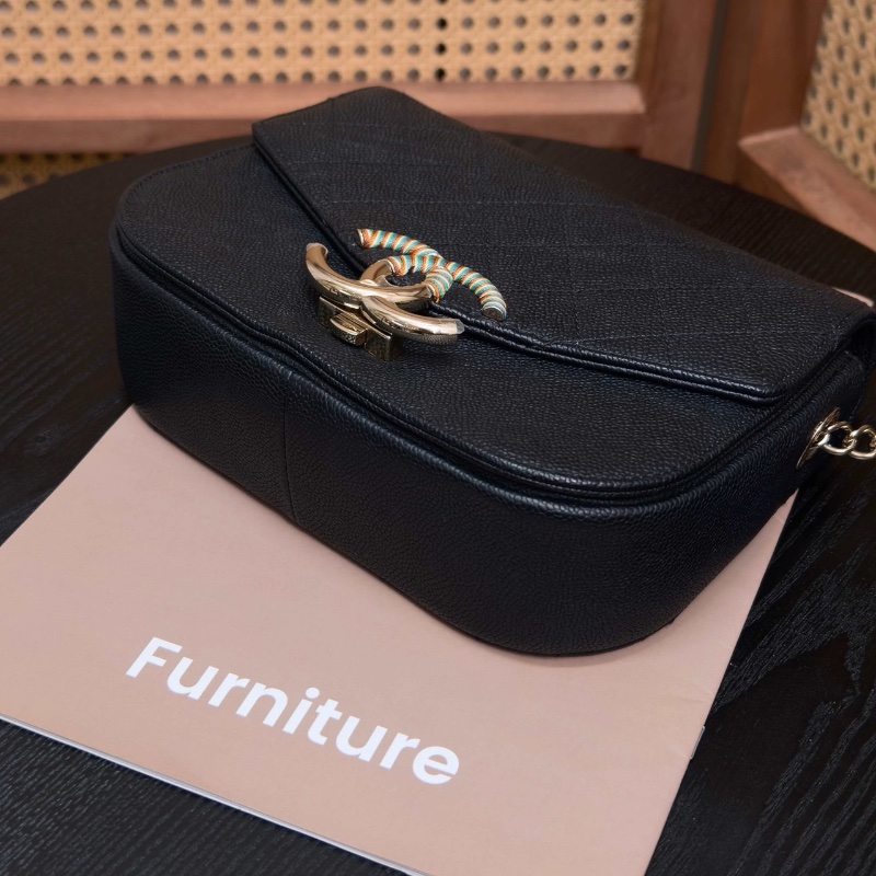 CHANEL黑金荔枝牛皮古巴系列編織郵差肩背斜背鏈條包 21*15*7 98新配件塵袋-3