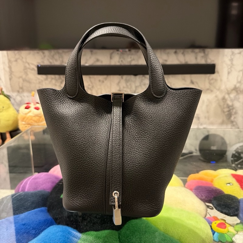 98新原始成色出 Hermes愛馬仕 picotin 菜籃子18黑銀 TC皮 水桶包 Z刻 附件：盒子 塵袋 鎖鑰匙-0