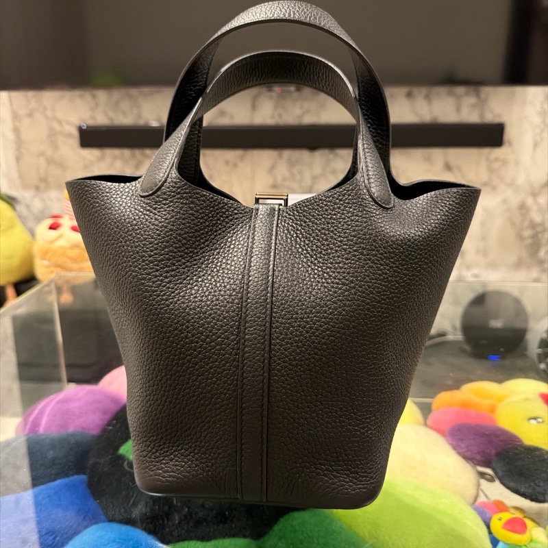 98新原始成色出 Hermes愛馬仕 picotin 菜籃子18黑銀 TC皮 水桶包 Z刻 附件：盒子 塵袋 鎖鑰匙-1