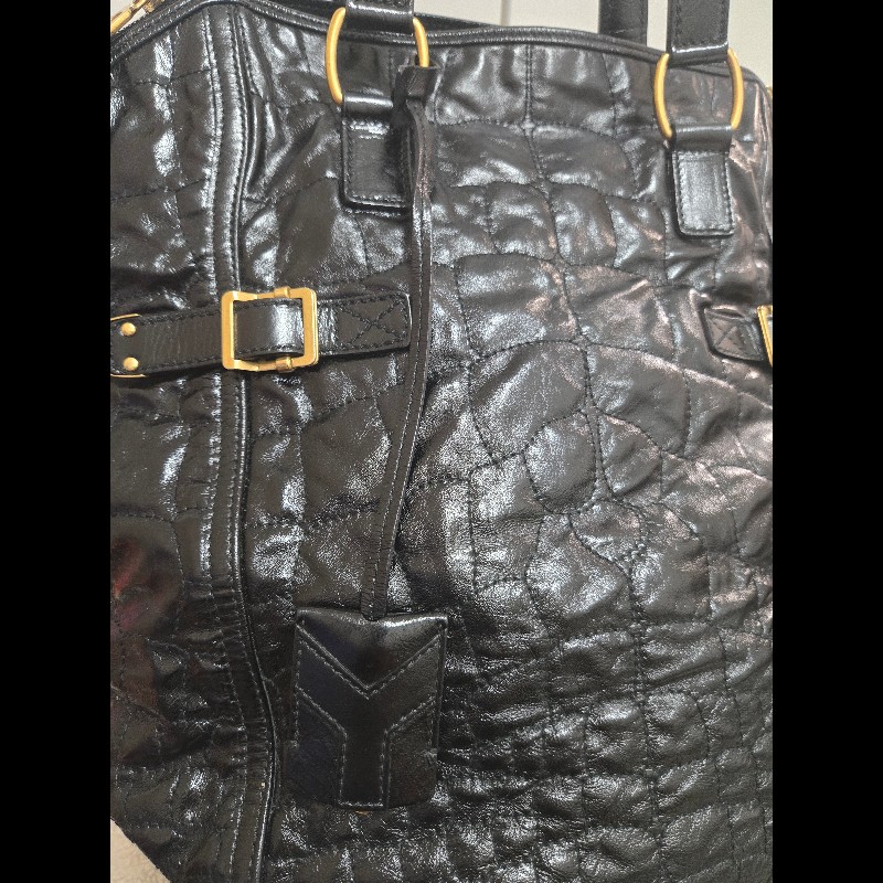 Ysl 聖羅蘭 黑色 皮革 金屬釦 肩背包 手提包-3