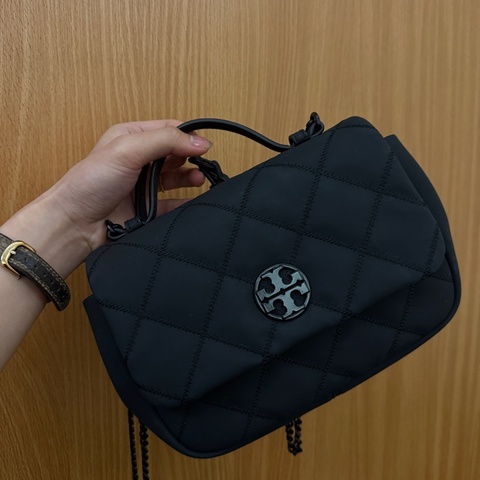 Toryburch黑色logo菱格紋手提斜背兩用