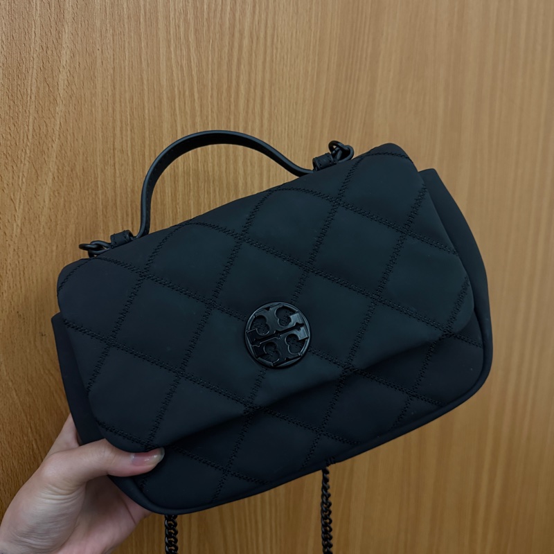 Toryburch黑色logo菱格紋手提斜背兩用-1