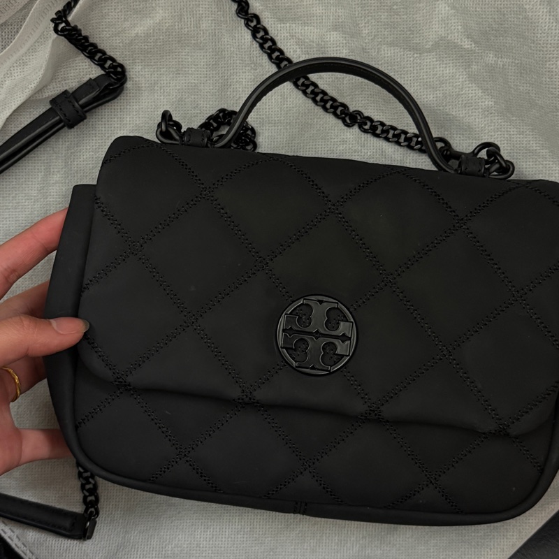 Toryburch黑色logo菱格紋手提斜背兩用-4