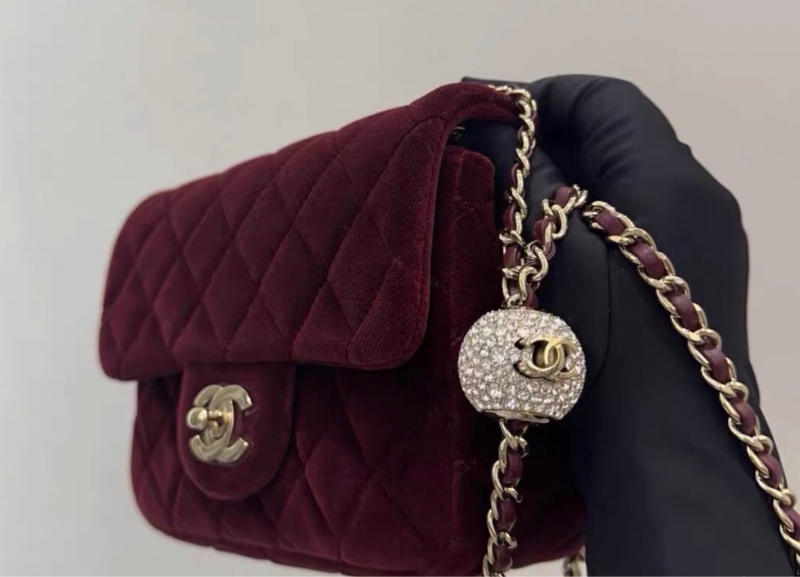 Chanel香奈兒 square flap bag水鑽金球酒紅色絲絨方胖子 滿滿高級感 30開有卡-2