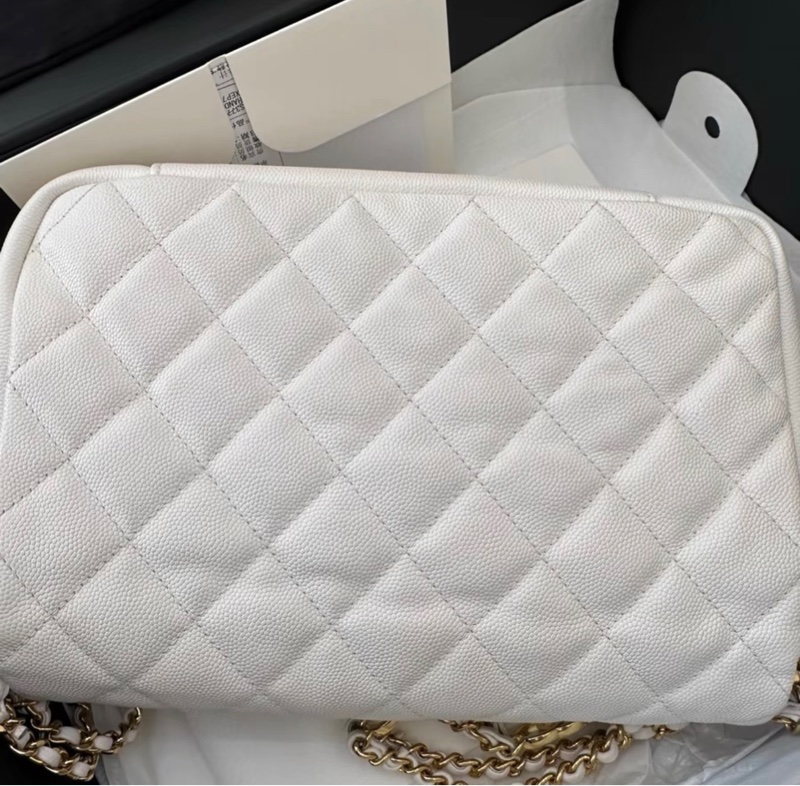 有購證✨ Chanel 荔枝紋牛皮白色 盒子小票全套都在，鏈條無金球 雙c鏈條-2