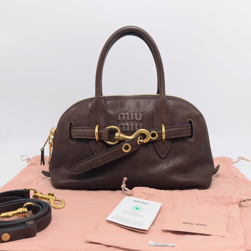 MIUMIUAventureNappa石楠木色金扣皮革手提貝殼包 27*16*10 全新閒置配件塵袋-1