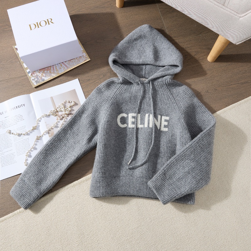 ❤️CELINE 灰色Logo款短連帽毛衣-0