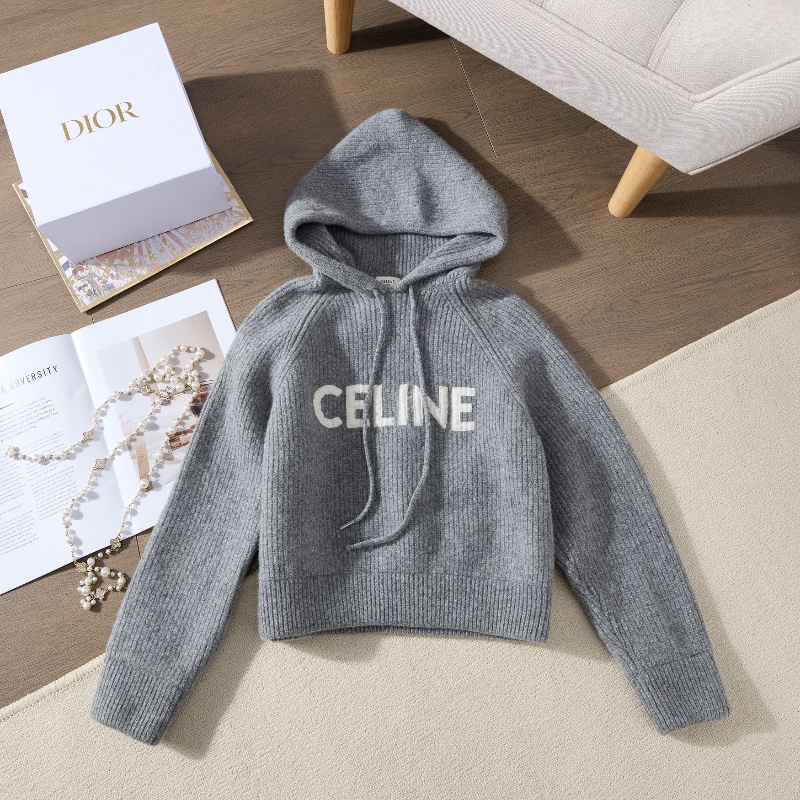 ❤️CELINE 灰色Logo款短連帽毛衣-4