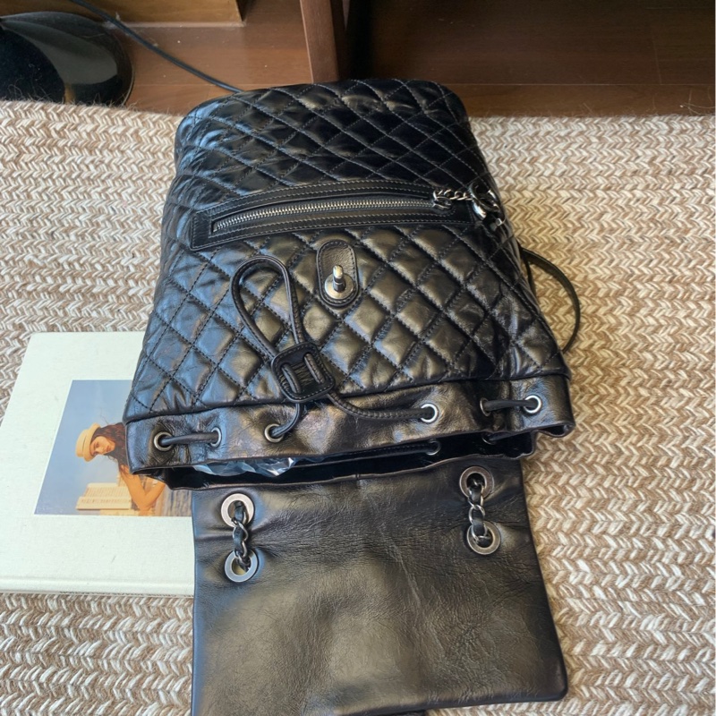 Chanel 香奈兒黑銀油蠟皮薩爾茲堡雙肩包-6