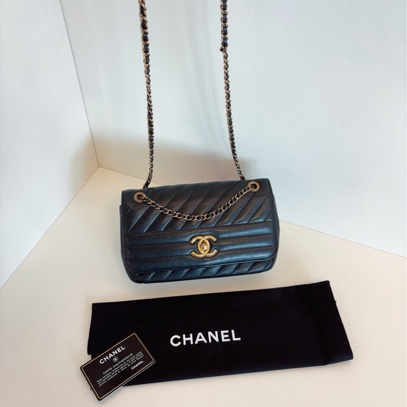 Chanel香奈兒 黑金條纹特别款CF大mini鏈條包-6