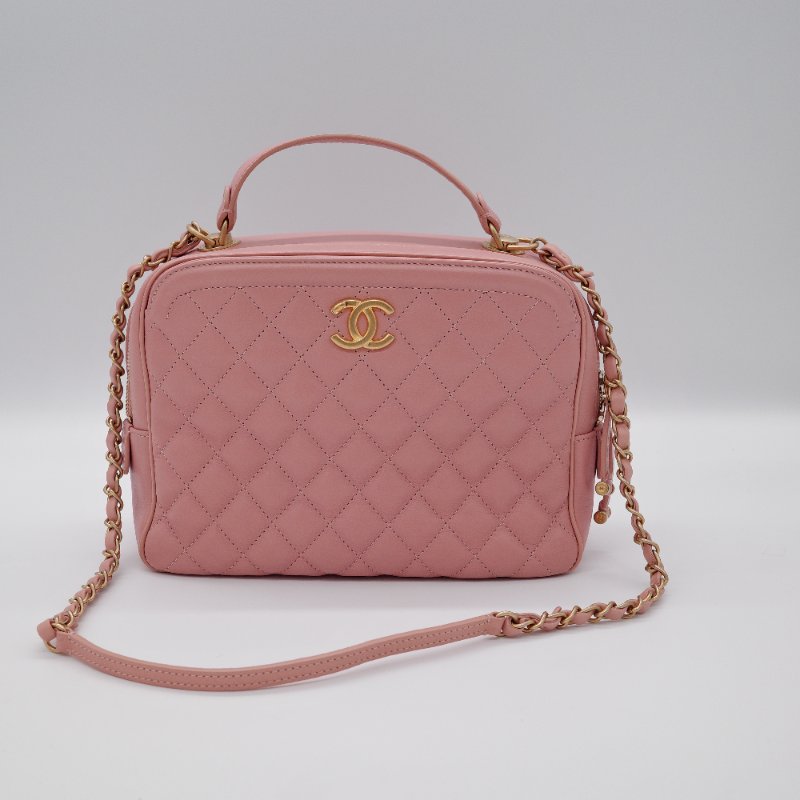 Chanel香奈兒 粉紅色菱格紋 羊皮 中型 兩用化妝包 相機包-2