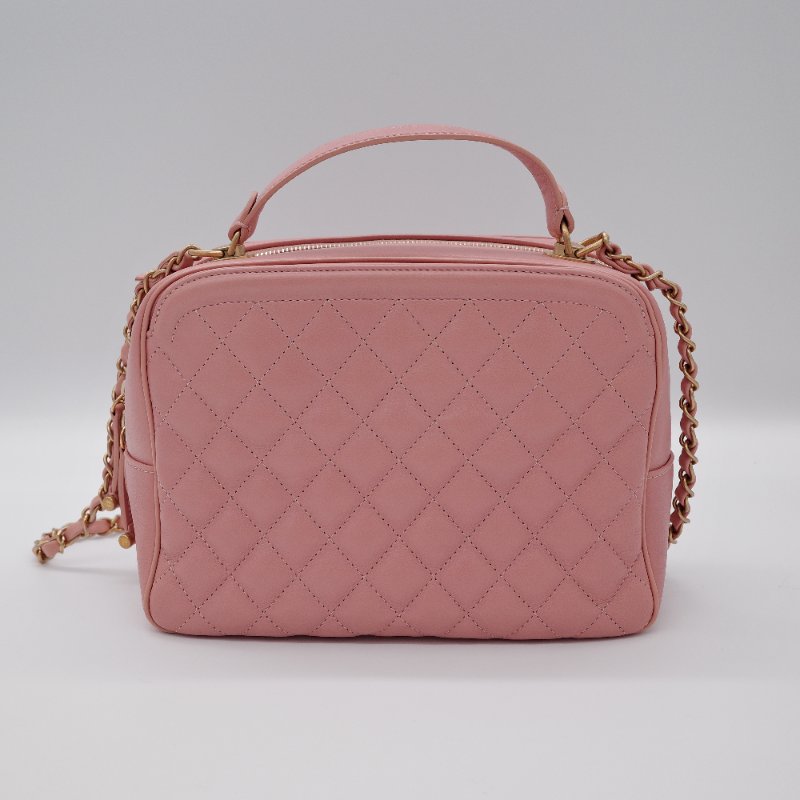 Chanel香奈兒 粉紅色菱格紋 羊皮 中型 兩用化妝包 相機包-4