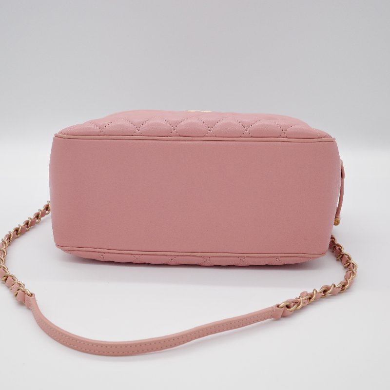 Chanel香奈兒 粉紅色菱格紋 羊皮 中型 兩用化妝包 相機包-5