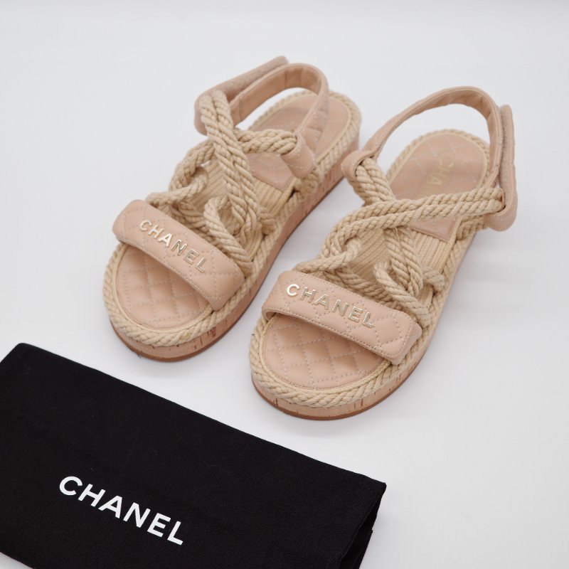 Chanel香奈兒 米色菱格紋 羊皮 編織繩 涼鞋-0