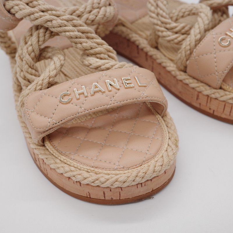 Chanel香奈兒 米色菱格紋 羊皮 編織繩 涼鞋-2