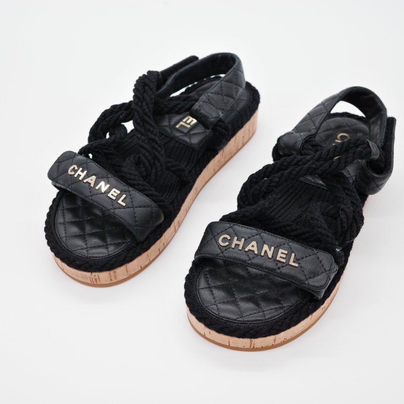 Chanel香奈兒 黑色菱格紋 羊皮 編織繩涼鞋-0