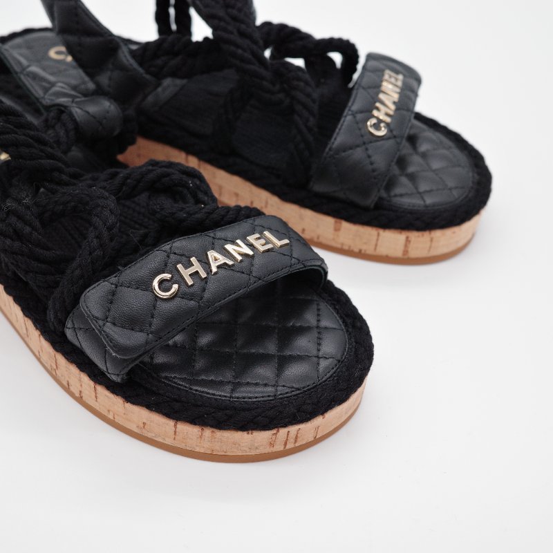 Chanel香奈兒 黑色菱格紋 羊皮 編織繩涼鞋-1