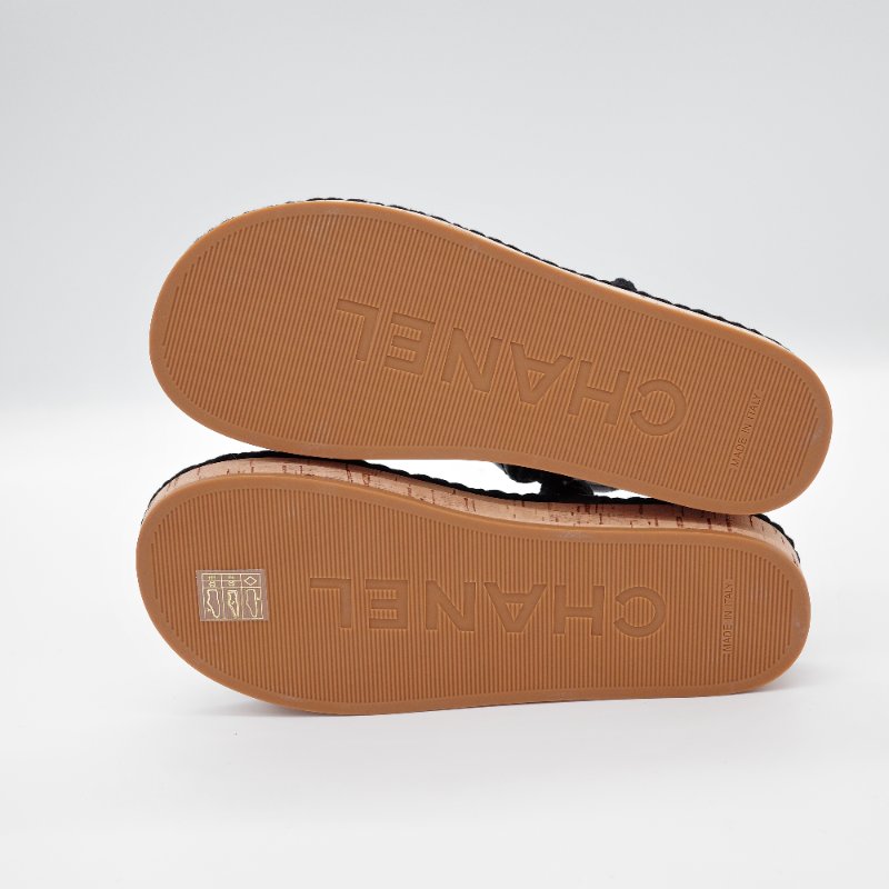 Chanel香奈兒 黑色菱格紋 羊皮 編織繩涼鞋-3