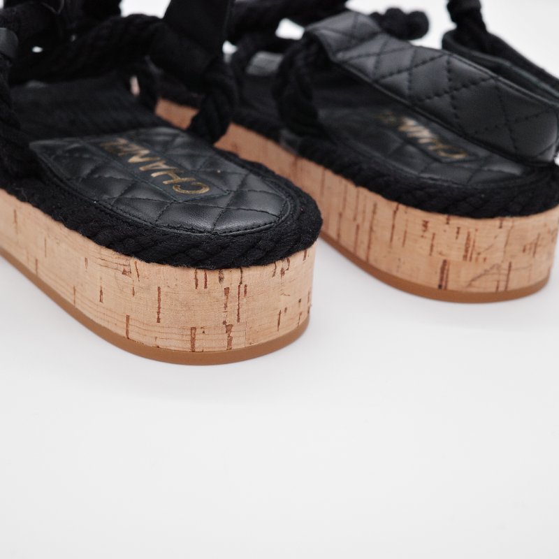 Chanel香奈兒 黑色菱格紋 羊皮 編織繩涼鞋-4