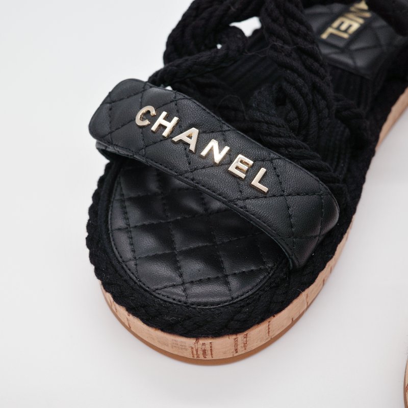 Chanel香奈兒 黑色菱格紋 羊皮 編織繩涼鞋-6