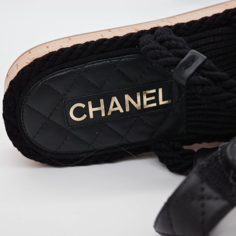 Chanel香奈兒 黑色菱格紋 羊皮 編織繩涼鞋-8