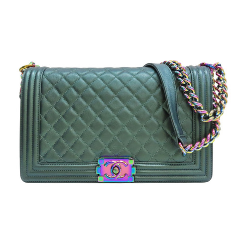 綠色 Iridescent 菱格紋 牛皮 BOY 28 鍊帶肩背包【CHANEL 香奈兒】 A67086