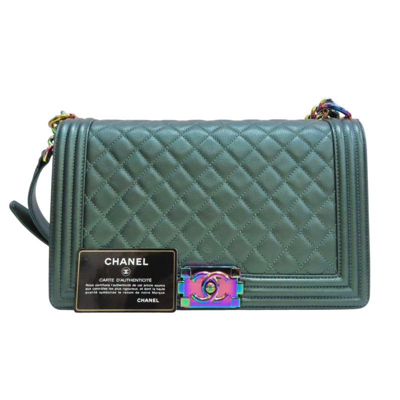 綠色 Iridescent 菱格紋 牛皮 BOY 28 鍊帶肩背包【CHANEL 香奈兒】 A67086-9