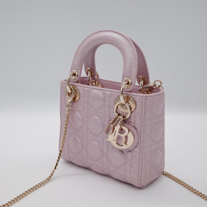 Dior迪奧 Mini Lady Dior 珍珠粉色 光澤羊皮 迷你手提包 斜背包-2