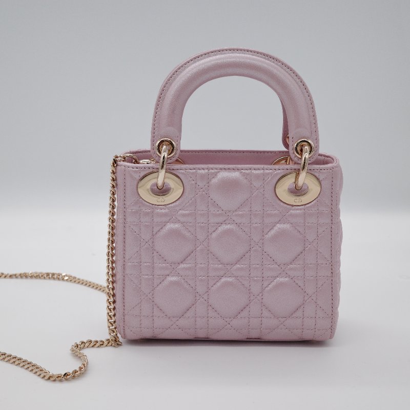Dior迪奧 Mini Lady Dior 珍珠粉色 光澤羊皮 迷你手提包 斜背包-4