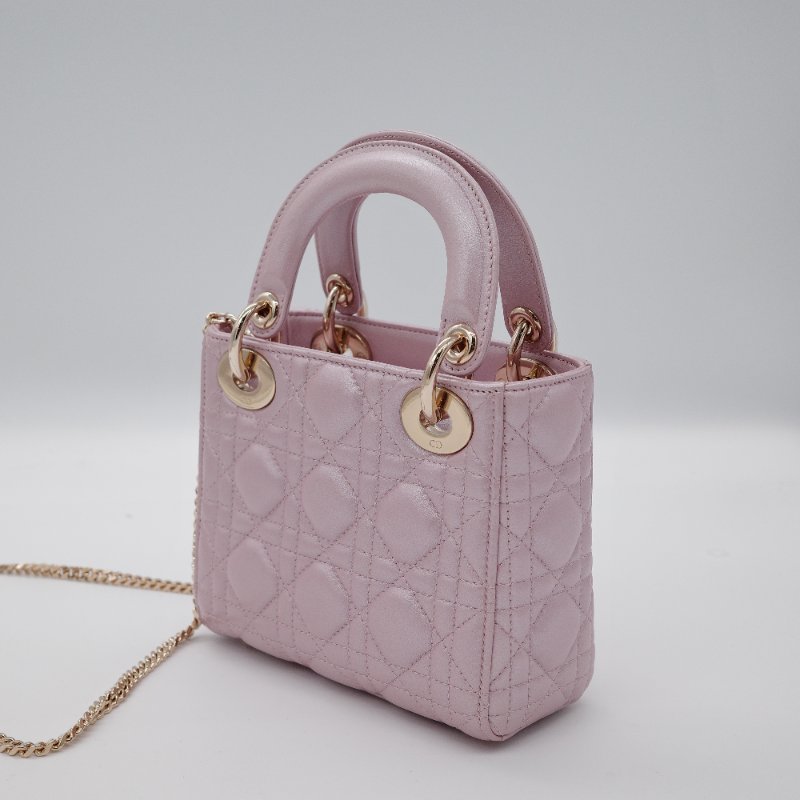 Dior迪奧 Mini Lady Dior 珍珠粉色 光澤羊皮 迷你手提包 斜背包-5