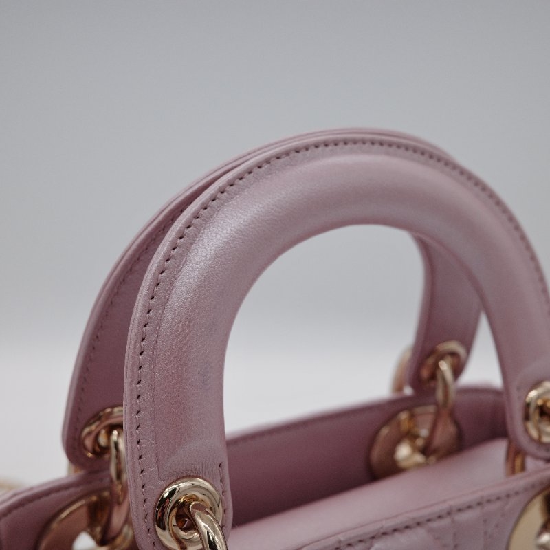 Dior迪奧 Mini Lady Dior 珍珠粉色 光澤羊皮 迷你手提包 斜背包-7