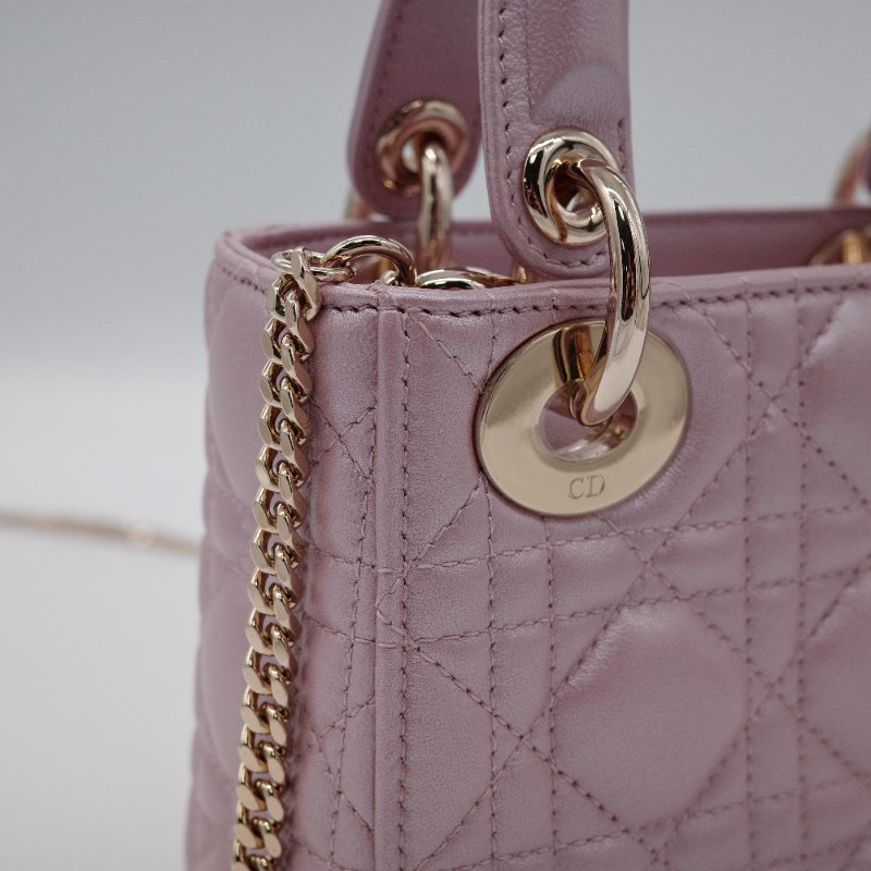 Dior迪奧 Mini Lady Dior 珍珠粉色 光澤羊皮 迷你手提包 斜背包-8