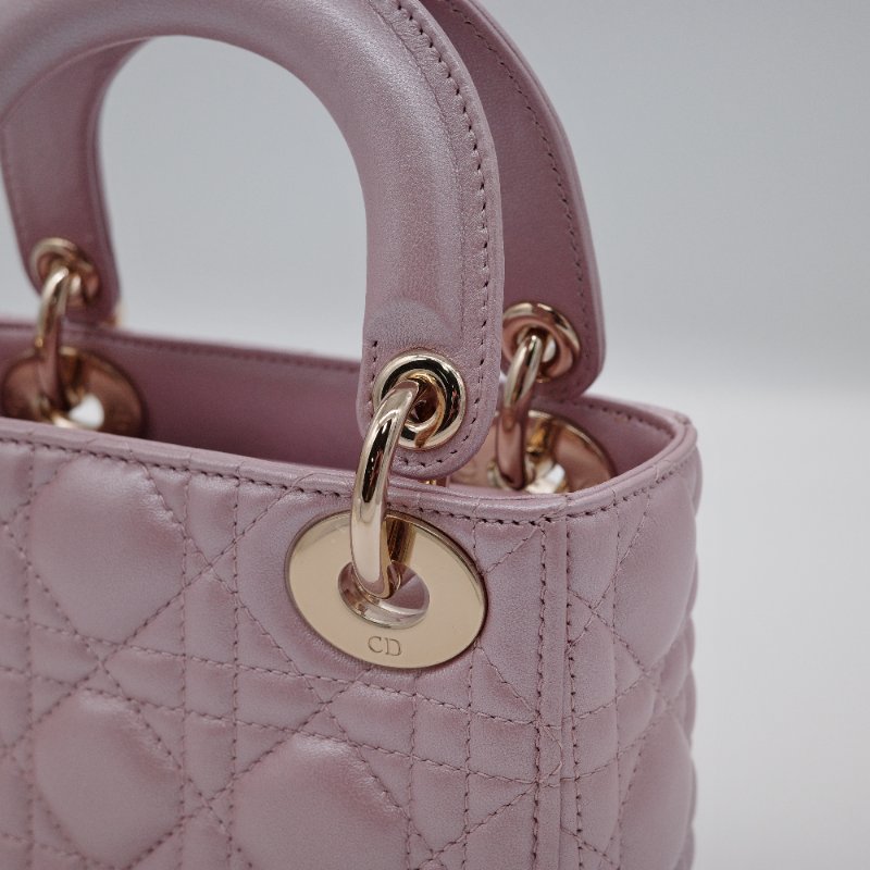 Dior迪奧 Mini Lady Dior 珍珠粉色 光澤羊皮 迷你手提包 斜背包-10