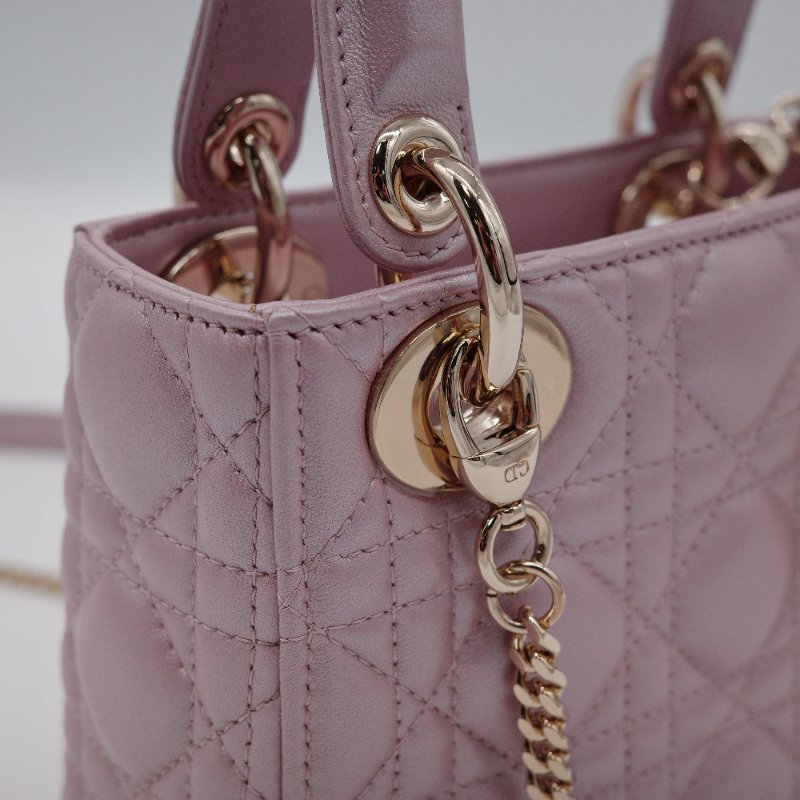 Dior迪奧 Mini Lady Dior 珍珠粉色 光澤羊皮 迷你手提包 斜背包-11