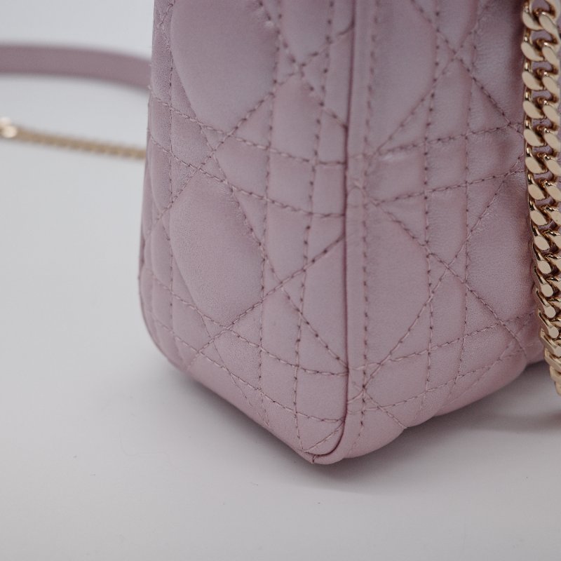 Dior迪奧 Mini Lady Dior 珍珠粉色 光澤羊皮 迷你手提包 斜背包-12