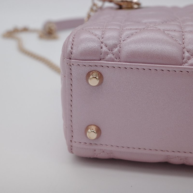 Dior迪奧 Mini Lady Dior 珍珠粉色 光澤羊皮 迷你手提包 斜背包-14