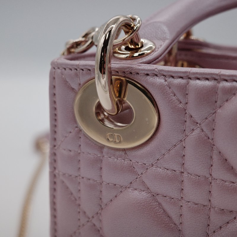 Dior迪奧 Mini Lady Dior 珍珠粉色 光澤羊皮 迷你手提包 斜背包-16