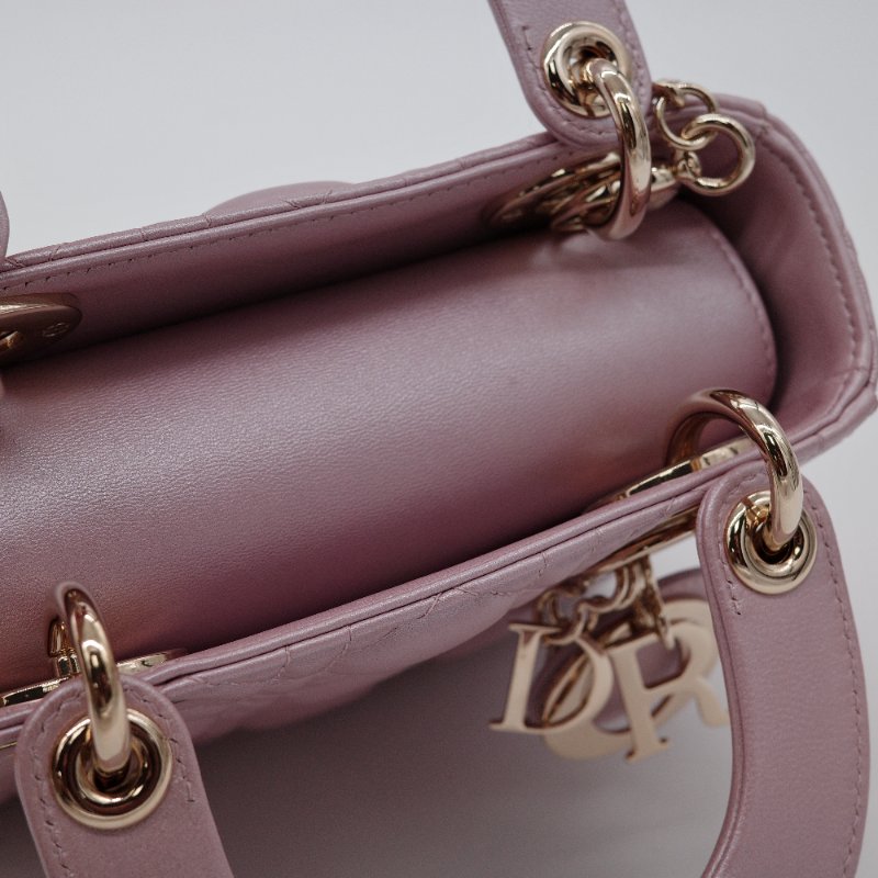 Dior迪奧 Mini Lady Dior 珍珠粉色 光澤羊皮 迷你手提包 斜背包-18