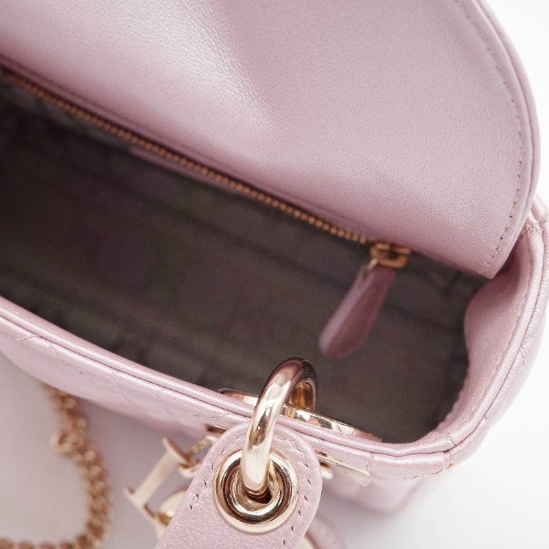 Dior迪奧 Mini Lady Dior 珍珠粉色 光澤羊皮 迷你手提包 斜背包-19