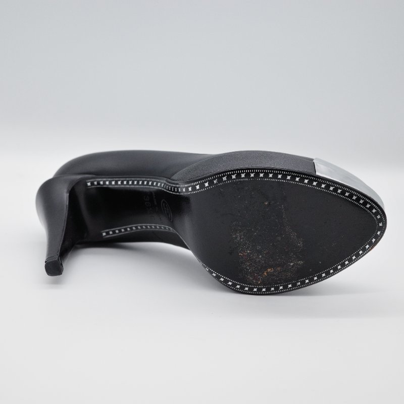 Chanel香奈兒 黑色皮革拼接銀色金屬 鞋頭高跟鞋-6