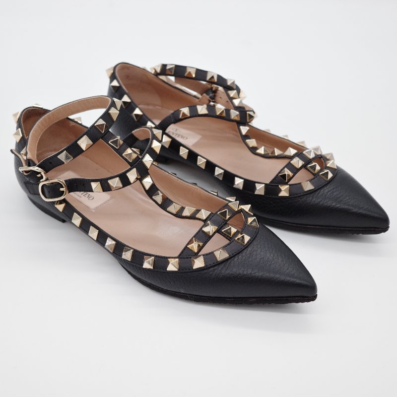 Valentino 華倫天奴 Rockstud 黑色 牛皮 鉚釘平底芭蕾舞鞋-0