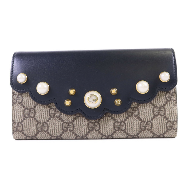 GUCCI 牛皮皮革/塗層帆布Long Wallet金扣長錢包-0