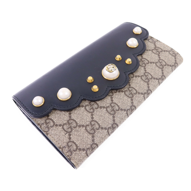 GUCCI 牛皮皮革/塗層帆布Long Wallet金扣長錢包-2