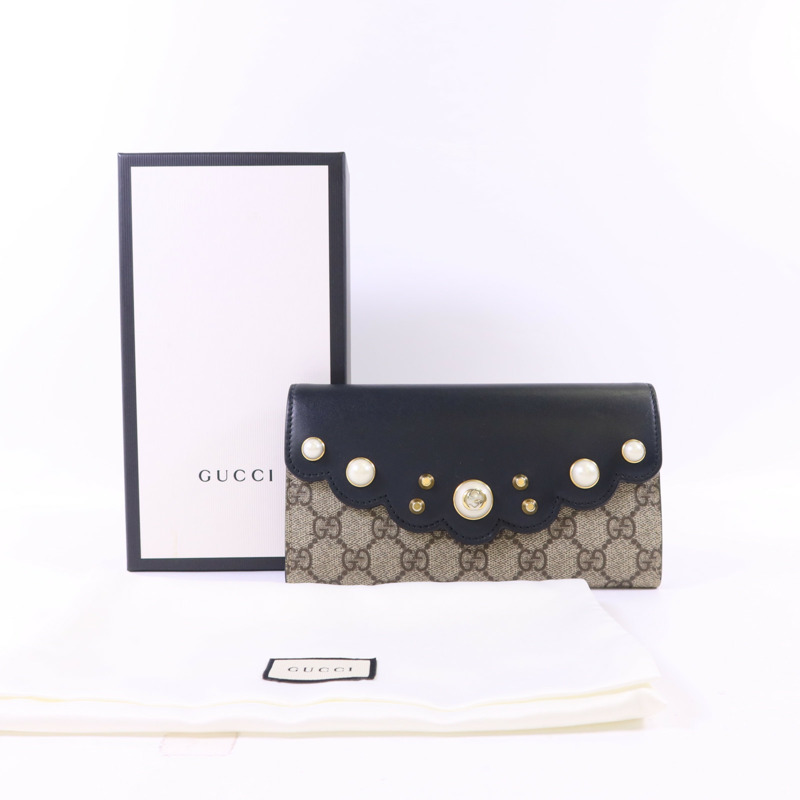 GUCCI 牛皮皮革/塗層帆布Long Wallet金扣長錢包-16