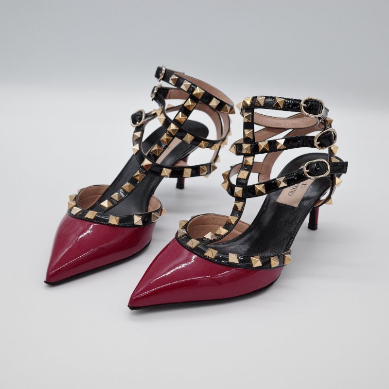 Valentino華倫天奴 Rockstud 深紅色 黑色漆皮拼接 鉚釘繫帶 高跟鞋-1