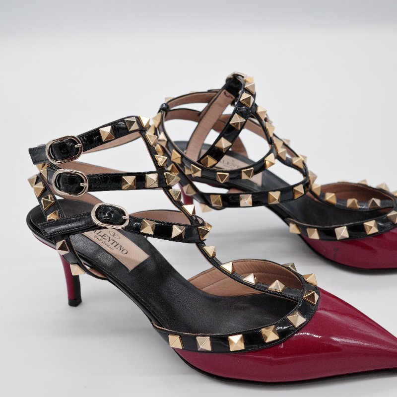 Valentino華倫天奴 Rockstud 深紅色 黑色漆皮拼接 鉚釘繫帶 高跟鞋-2