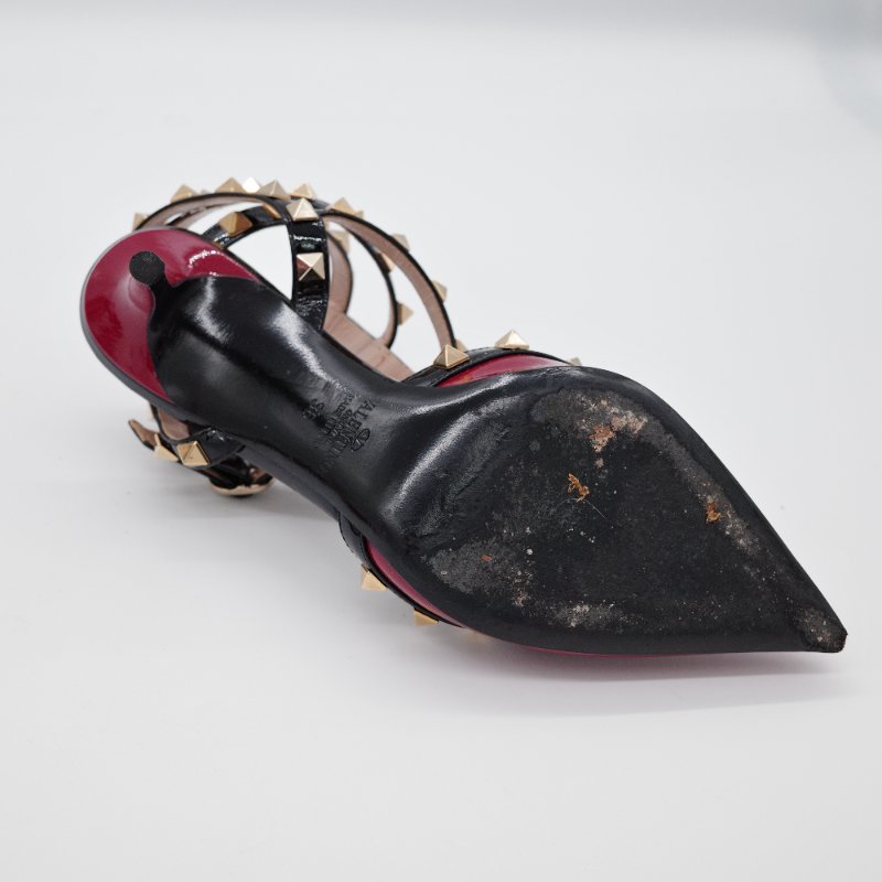 Valentino華倫天奴 Rockstud 深紅色 黑色漆皮拼接 鉚釘繫帶 高跟鞋-4