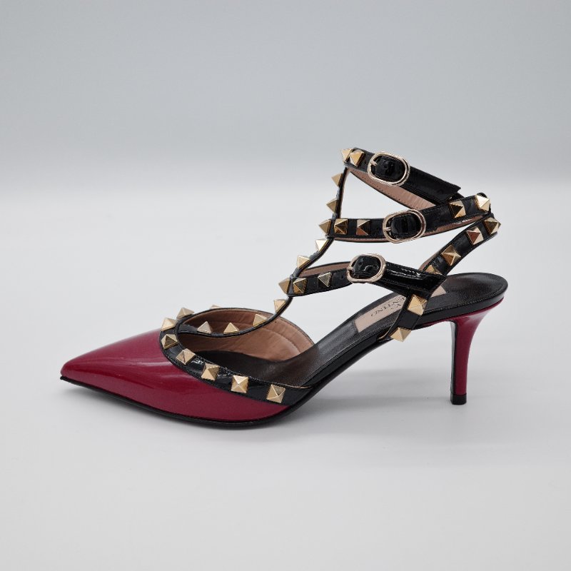 Valentino華倫天奴 Rockstud 深紅色 黑色漆皮拼接 鉚釘繫帶 高跟鞋-5