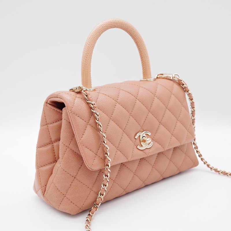 Chanel香奈兒 Coco Handle焦糖色 深米色 魚子醬小牛皮 迷你提把包 肩背包 斜背包-3