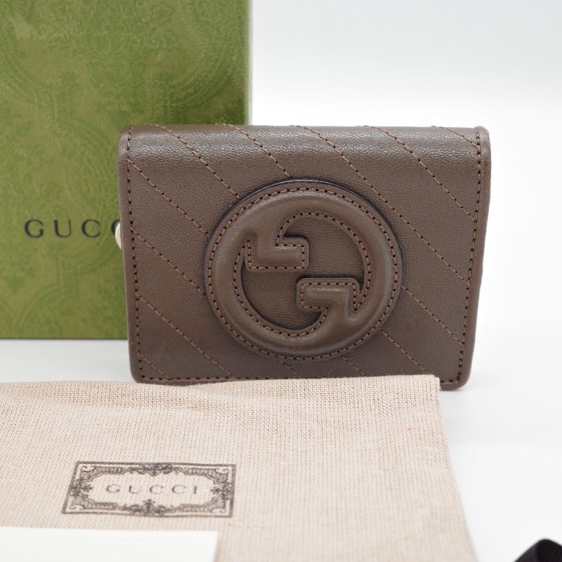 Gucci 古馳 Blondie GG LOGO 深咖 牛皮 車線扣式零錢 短夾-0